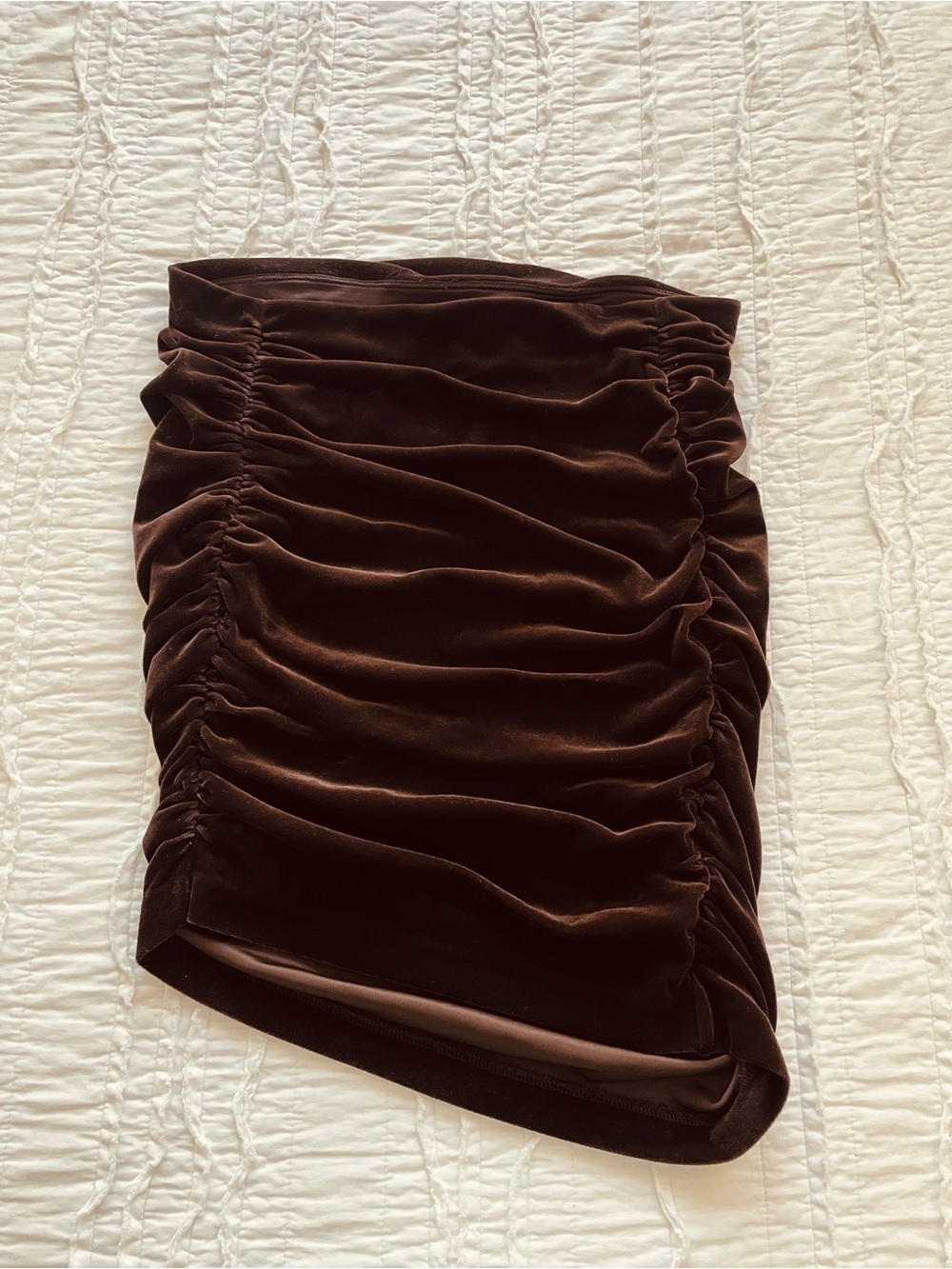 NWT Chocolate Brown Velour Asymmetrical Rouched Mini Skirt | Sz M